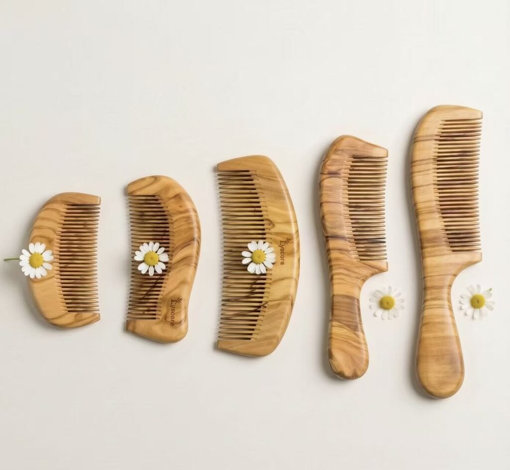Handcrafted olive wood hair combs in multiple sizes