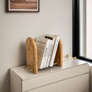 Handcrafted olive wood bookends with brass accents for stylish book organization