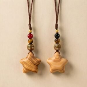 Handmade olive wood lucky star pendant with brass and stone beads on wax cord
