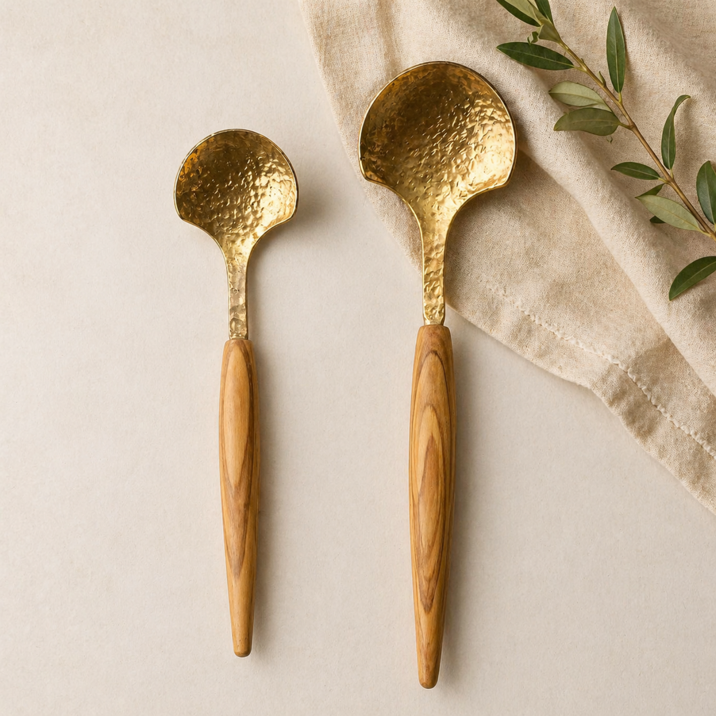 Hand-hammered brass spoons with Italian olive wood handles