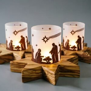 A close-up shot of an olive wood star-shaped tealight holder