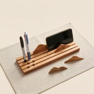 Handcrafted olive wood desk organizer with detachable mountain-shaped dividers